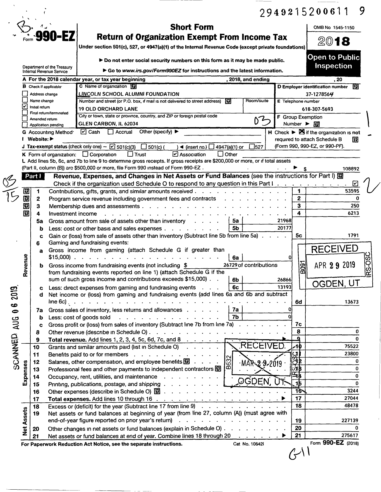 Image of first page of 2018 Form 990EZ for Historic Lincoln School Alumni Foundation