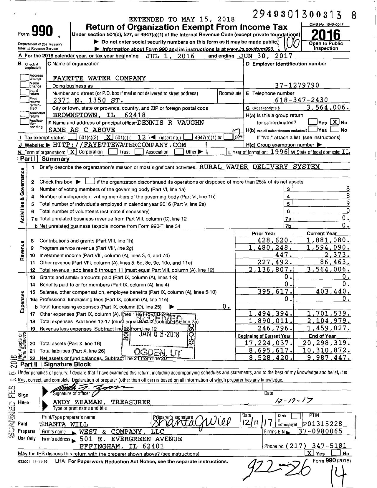 Image of first page of 2016 Form 990O for Fayette Water Company
