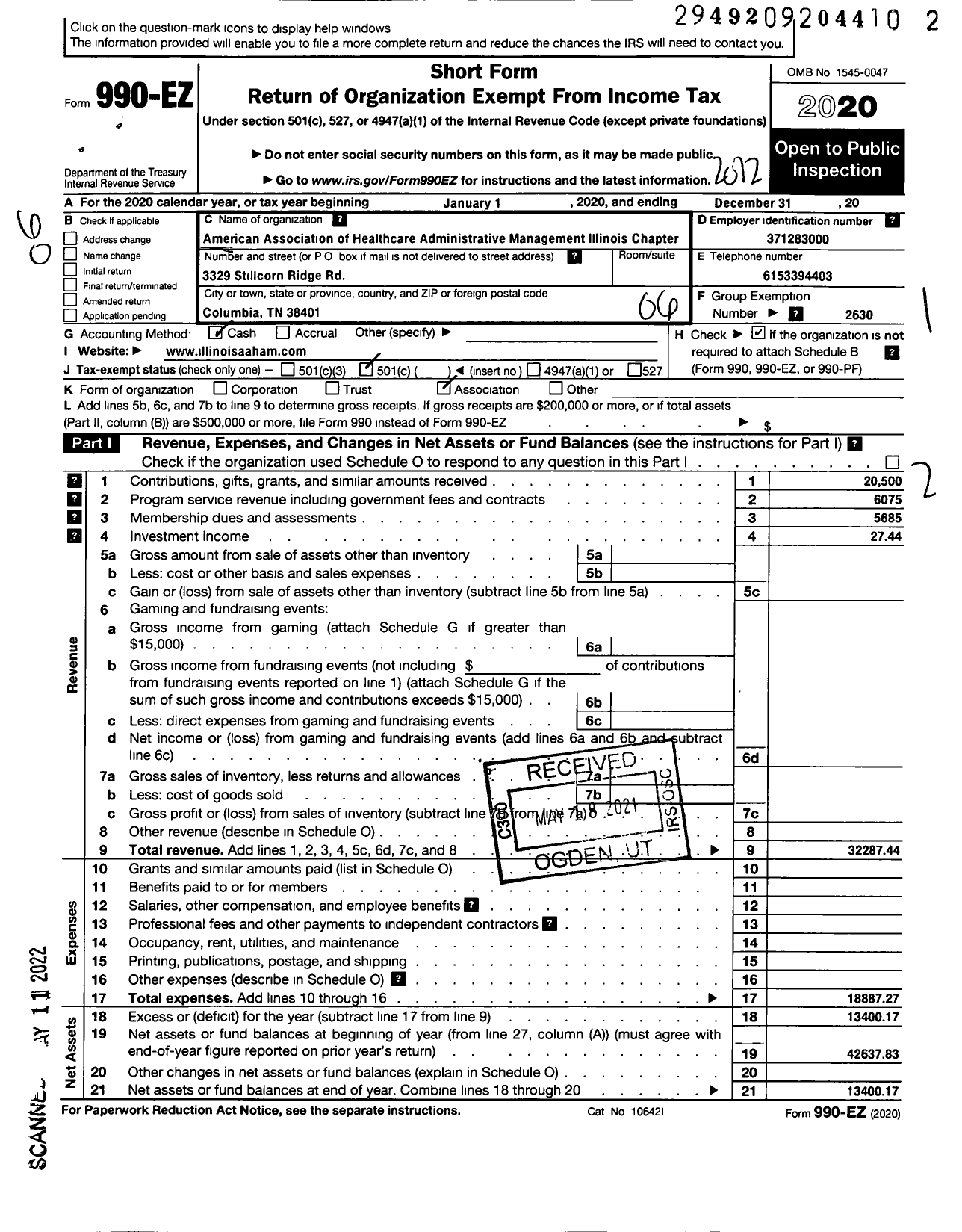 Image of first page of 2020 Form 990EO for AMERICAN ASSOCIATION OF HEALTHCARE ADMINISTRATIVE MANAGEMENT - 9 Illinois Chapter