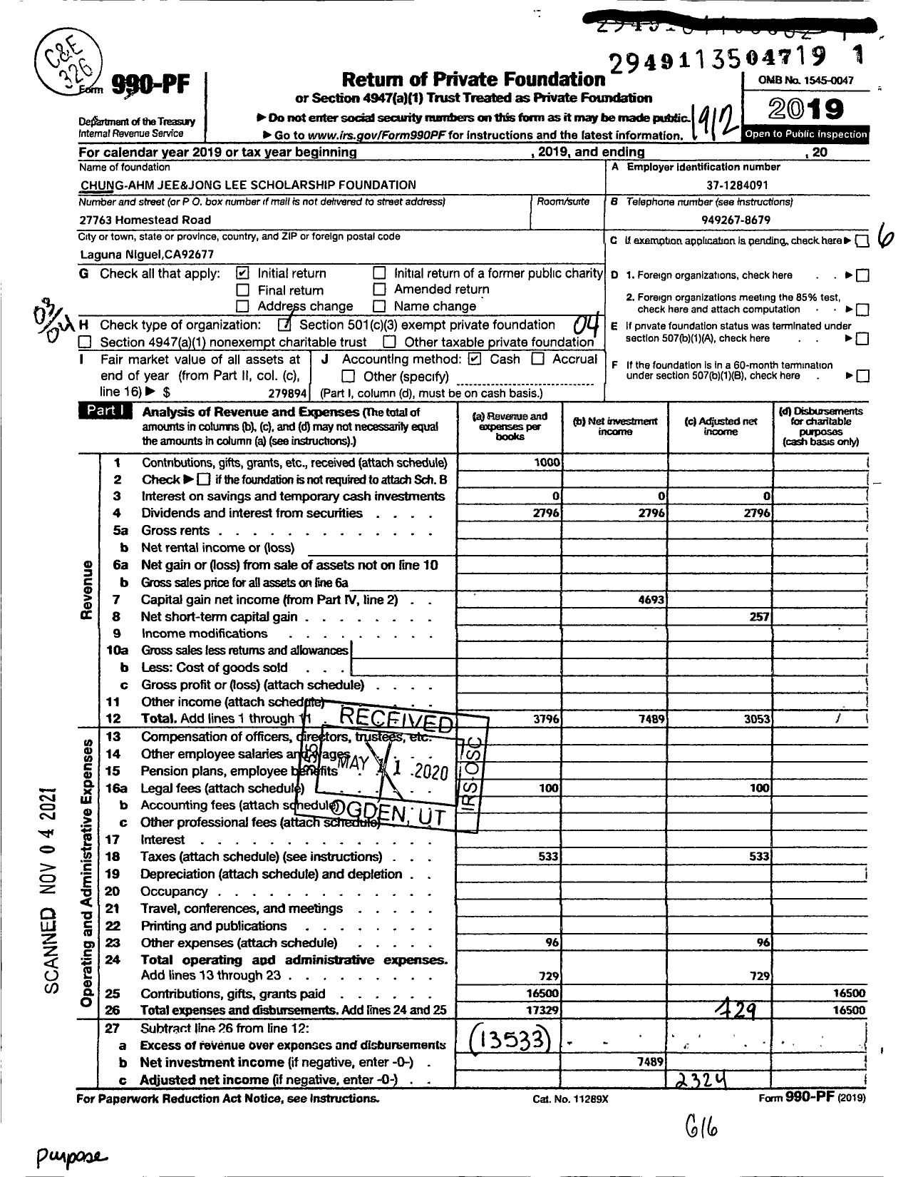 Image of first page of 2019 Form 990PF for Chung-Ahm Jee&jong Lee Scholarship Foundation