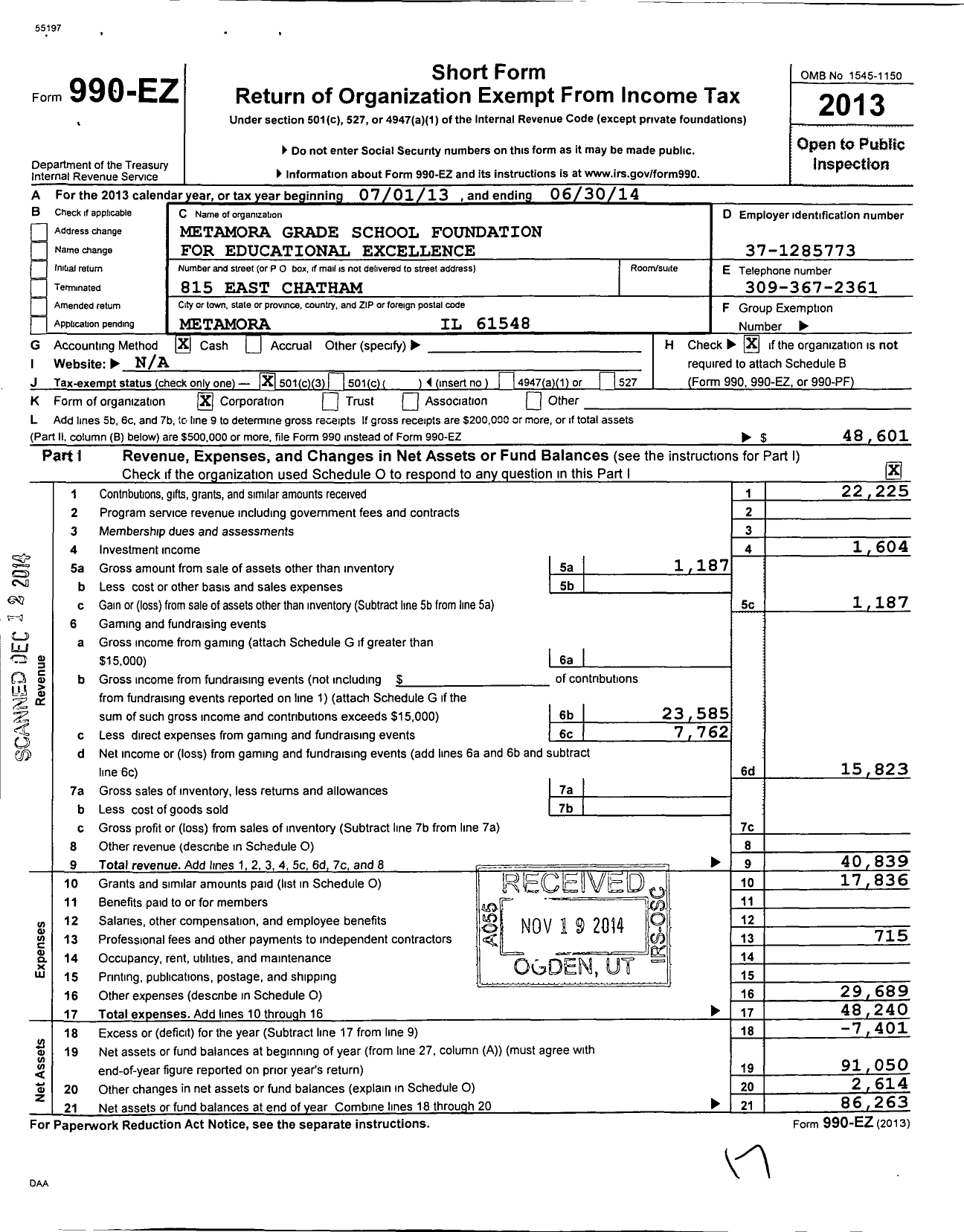 Image of first page of 2013 Form 990EZ for Metamora Grade School Foundation for Educational Excellence