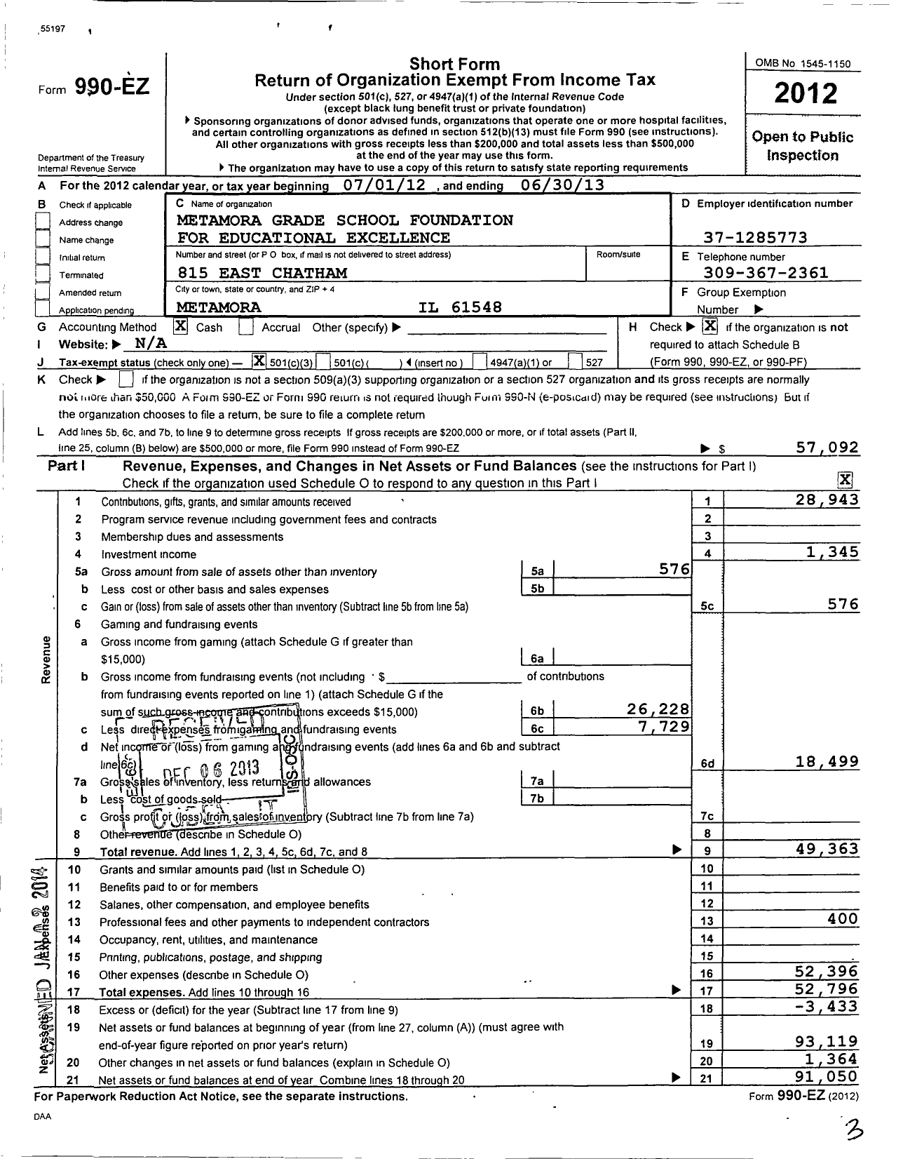 Image of first page of 2012 Form 990EZ for Metamora Grade School Foundation for Educational Excellence