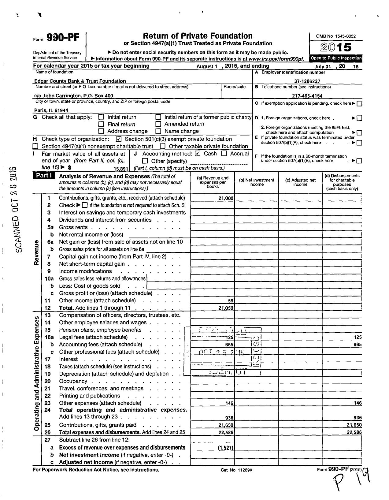 Image of first page of 2015 Form 990PF for Prospect Bank Foundation