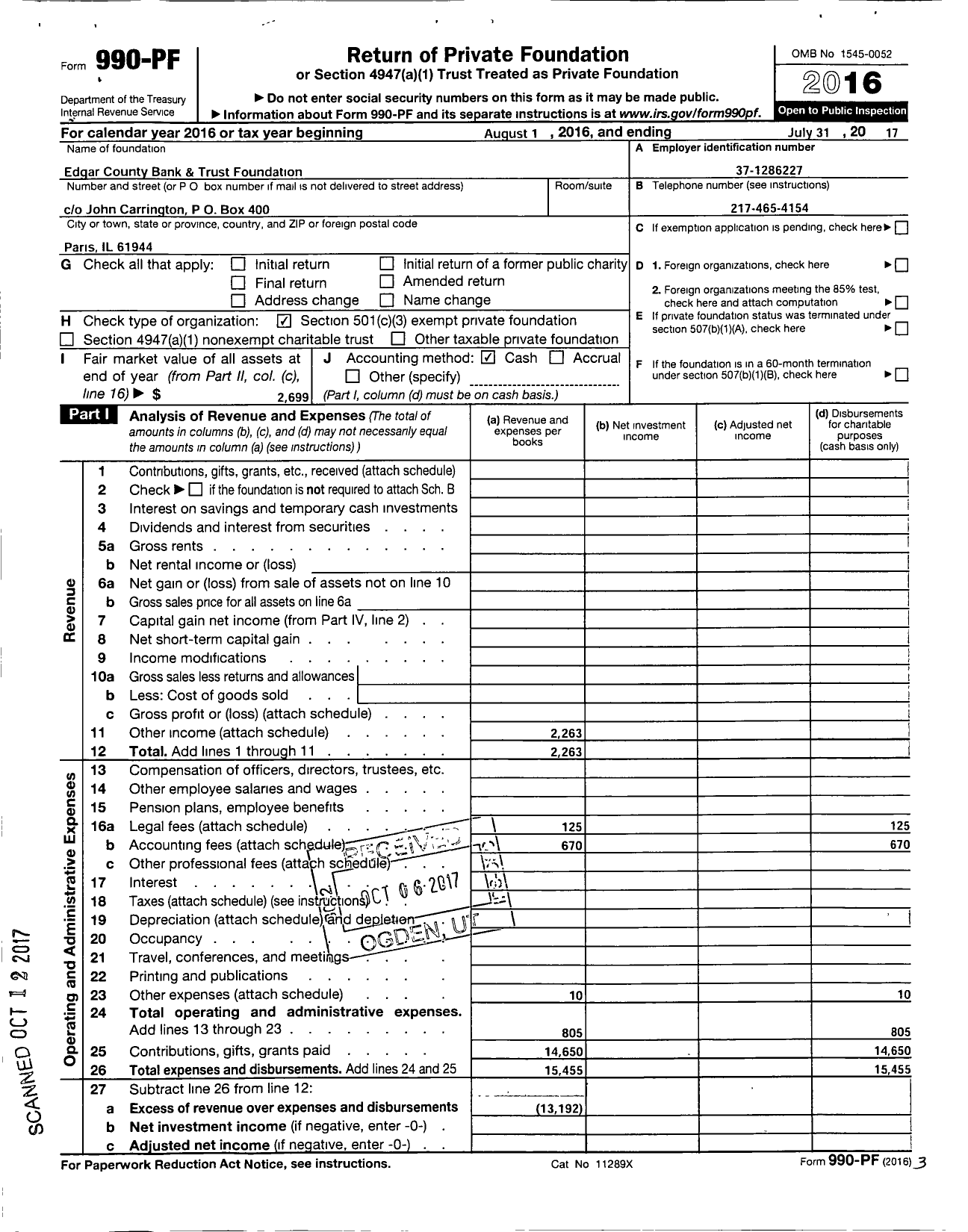 Image of first page of 2016 Form 990PF for Prospect Bank Foundation