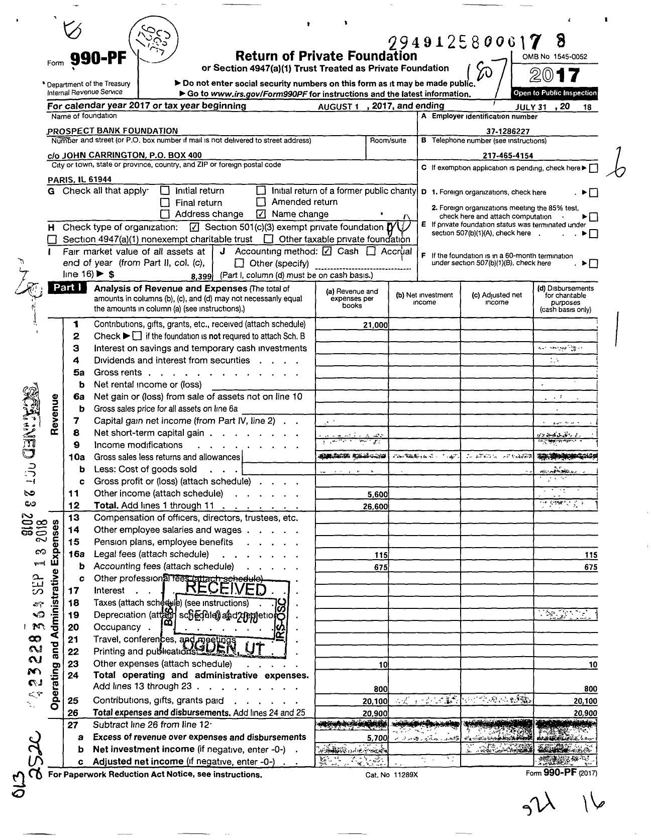 Image of first page of 2017 Form 990PF for Prospect Bank Foundation