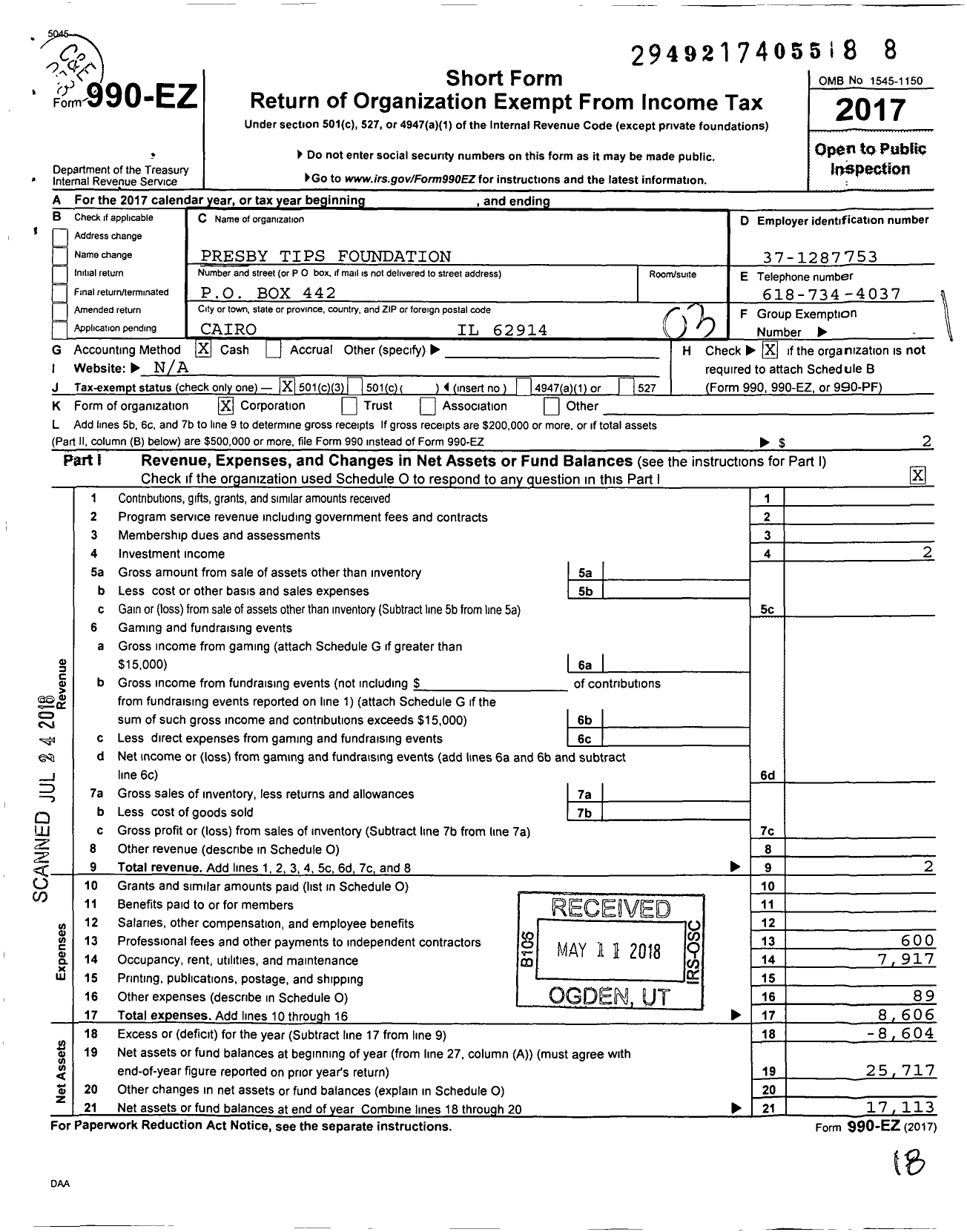 Image of first page of 2017 Form 990EZ for Presby Tips Foundation