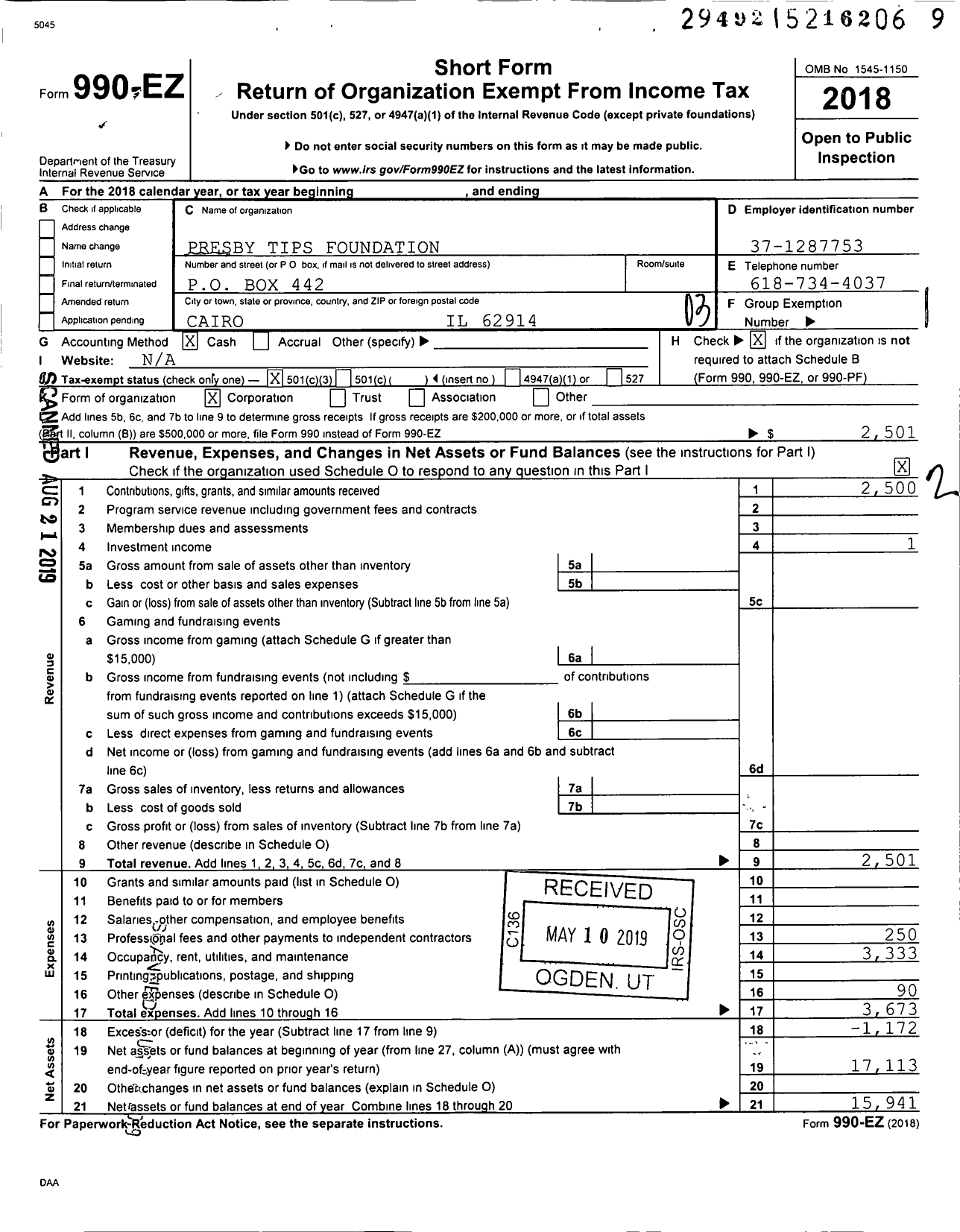 Image of first page of 2018 Form 990EZ for Presby Tips Foundation