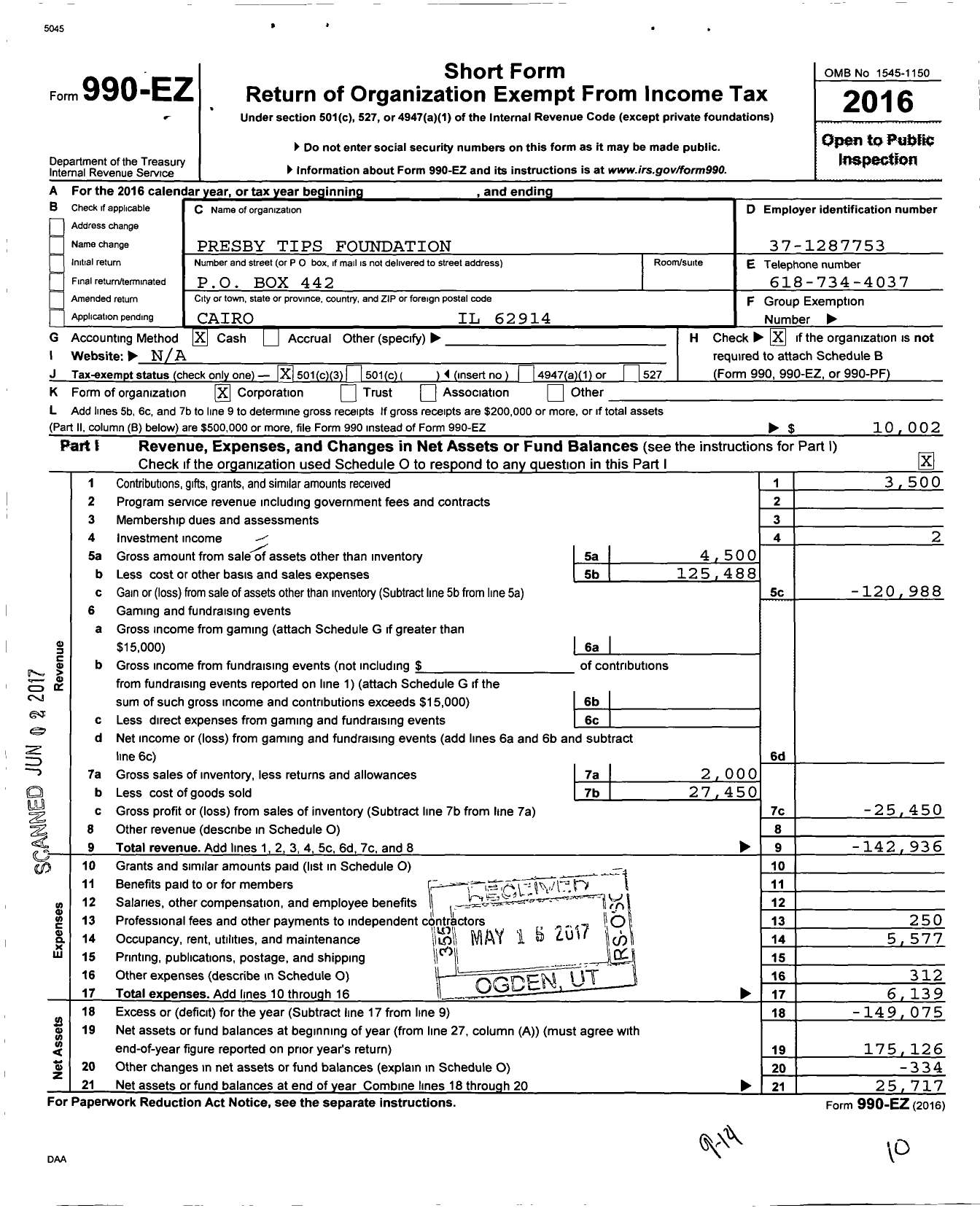 Image of first page of 2016 Form 990EZ for Presby Tips Foundation