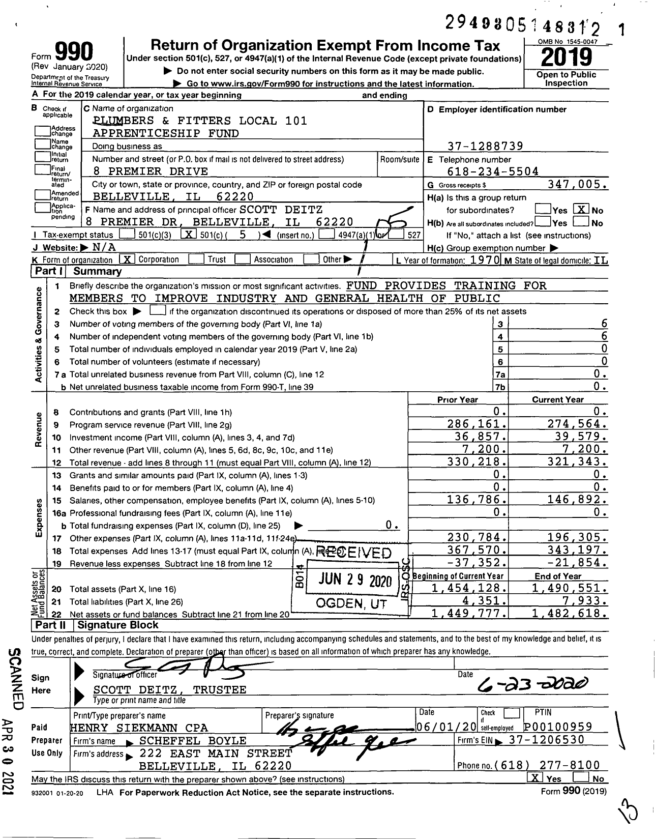 Image of first page of 2019 Form 990O for Plumbers and Fitters Local 101 Apprenticeship Fund