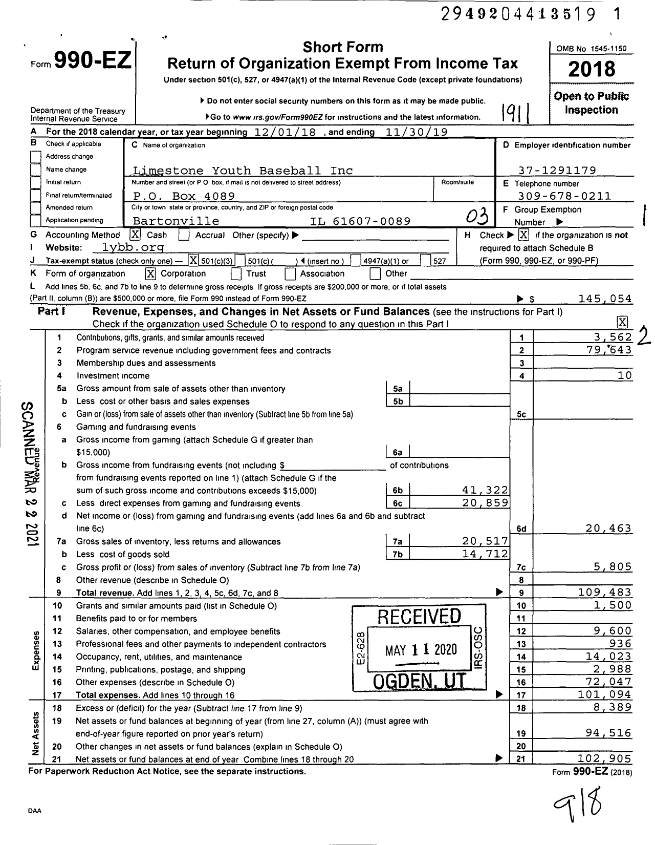 Image of first page of 2018 Form 990EZ for Limestone Youth Baseball