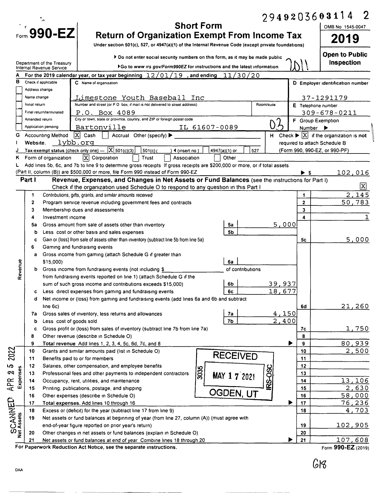 Image of first page of 2019 Form 990EZ for Limestone Youth Baseball