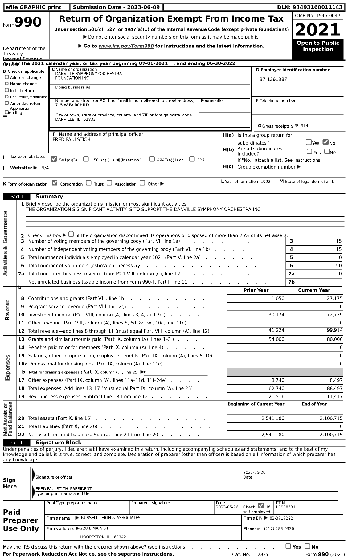 Image of first page of 2021 Form 990 for Danville Symphony Orchestra Foundation