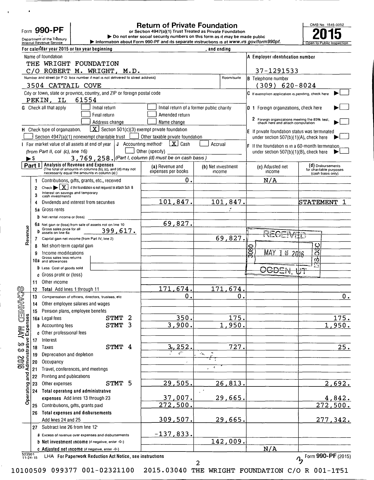 Image of first page of 2015 Form 990PF for The Wright Foundation