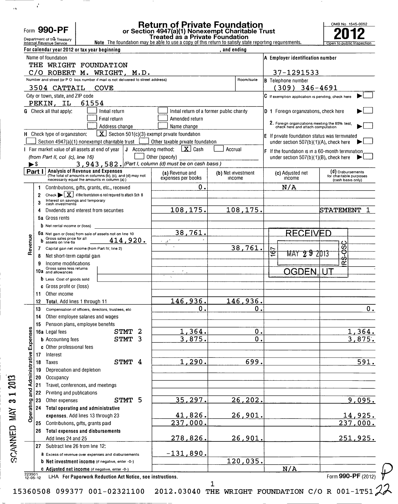 Image of first page of 2012 Form 990PF for The Wright Foundation