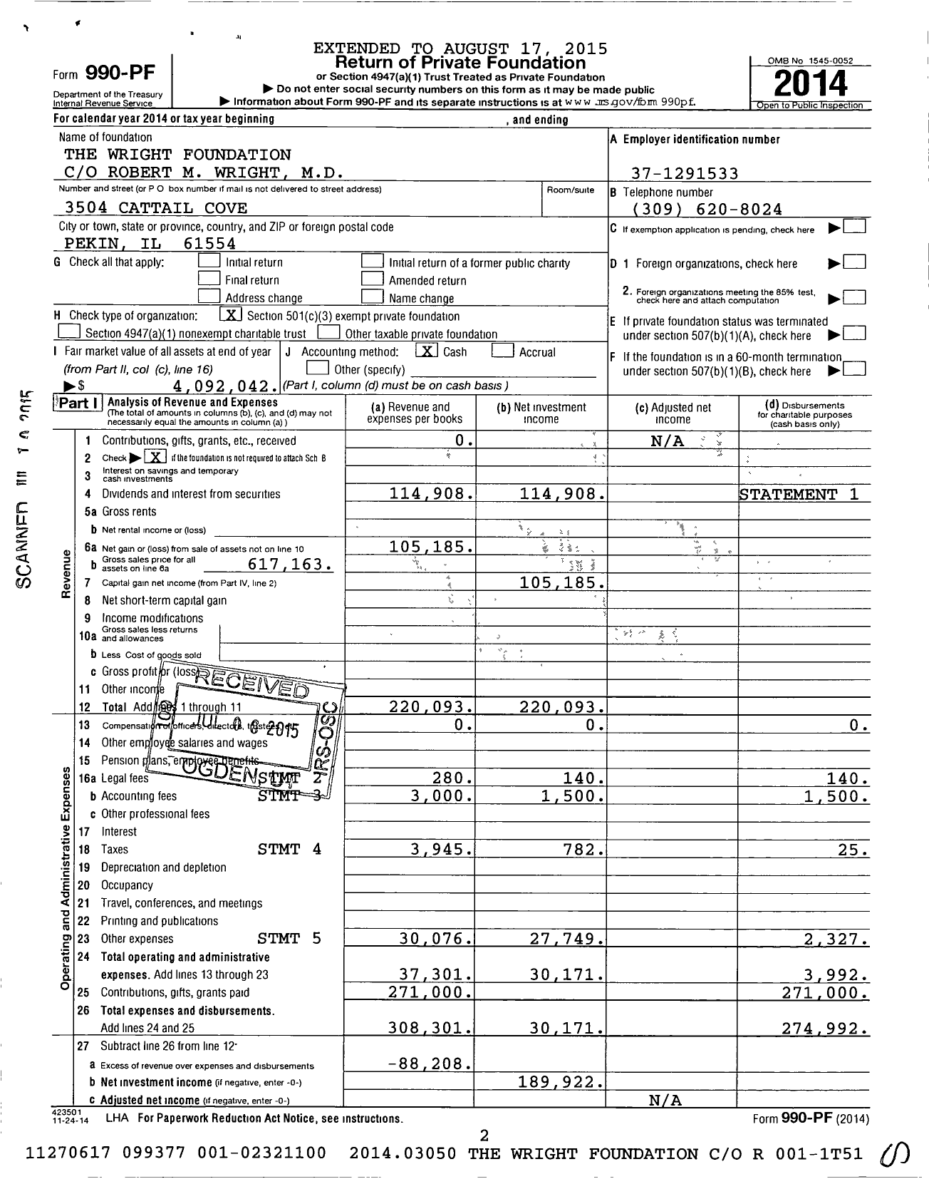 Image of first page of 2014 Form 990PF for The Wright Foundation