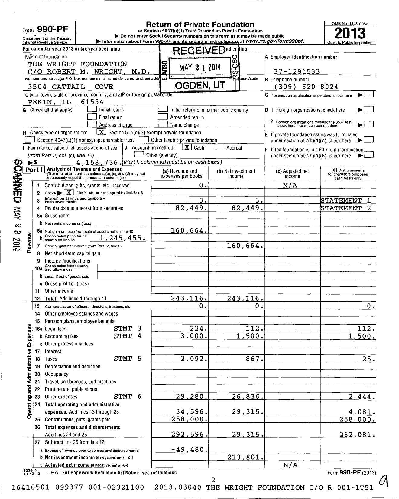 Image of first page of 2013 Form 990PF for The Wright Foundation