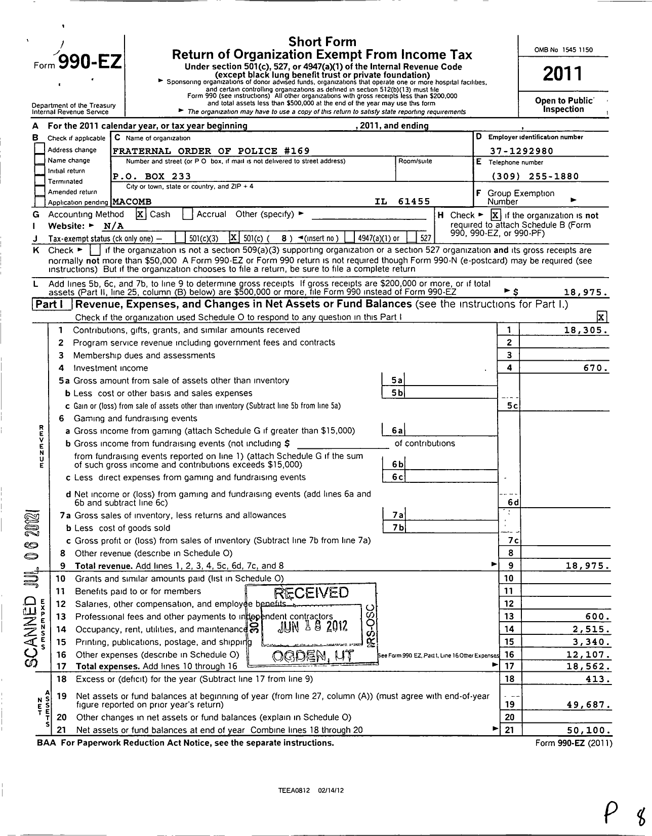 Image of first page of 2011 Form 990EO for Fraternal Order of Police - 169 Western Il University PD