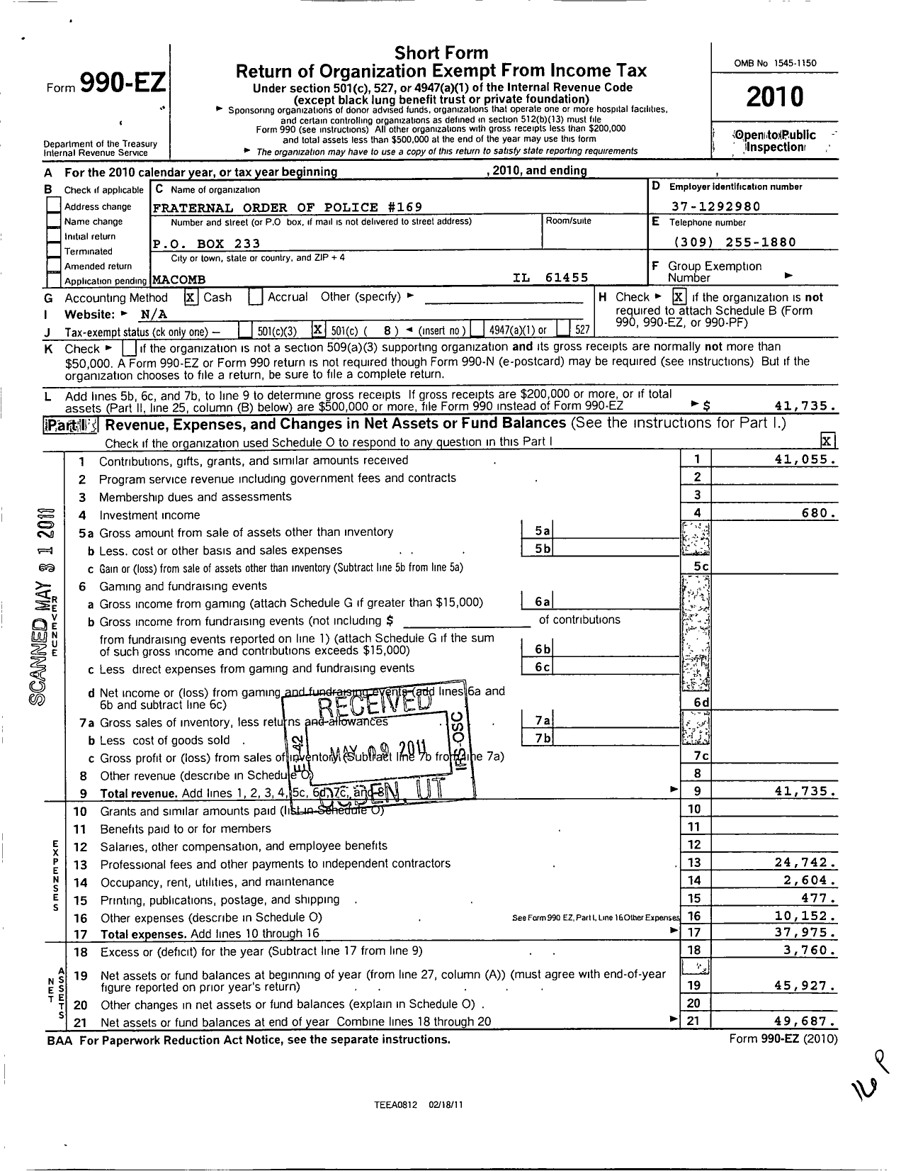 Image of first page of 2010 Form 990EO for Fraternal Order of Police - 169 Western Il University PD