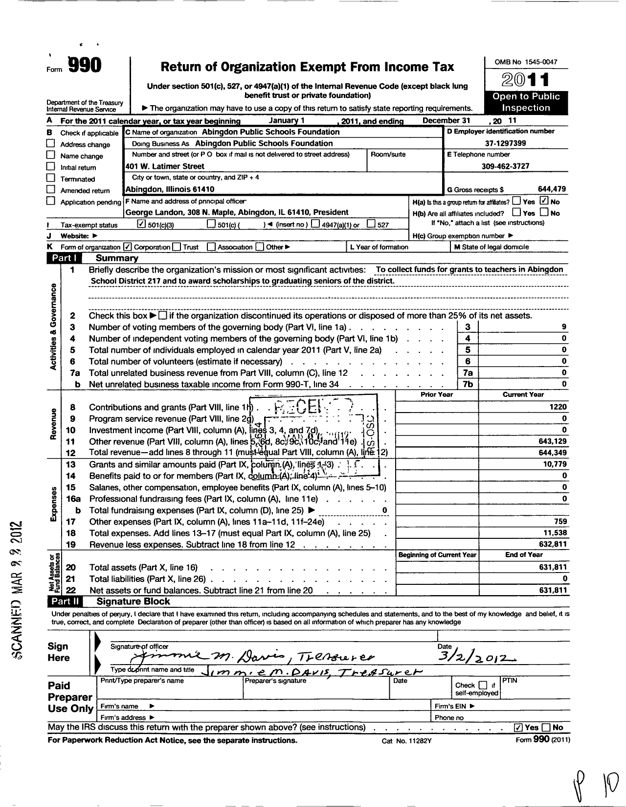 Image of first page of 2011 Form 990 for Abingdon Public Schools Foundation