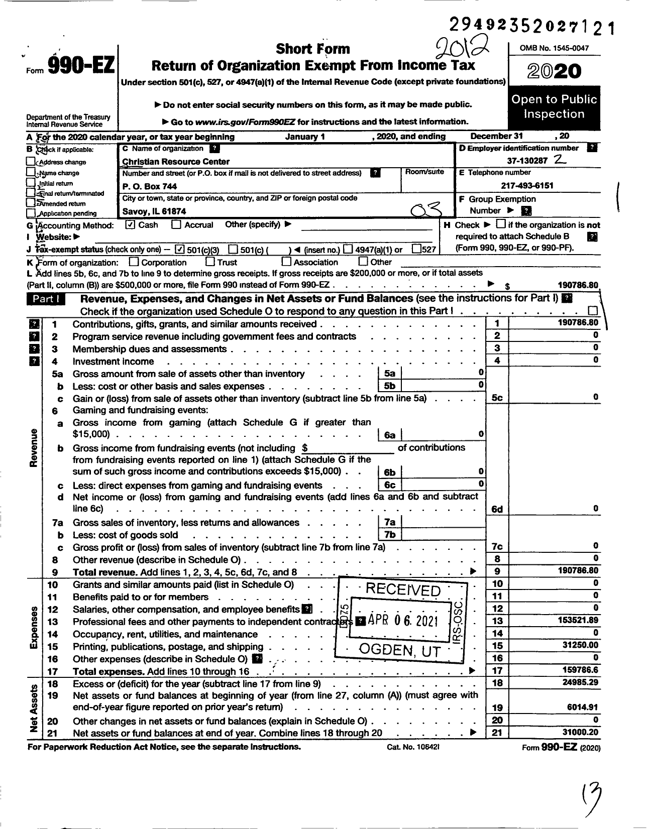 Image of first page of 2020 Form 990EZ for Christian Family Resource Center