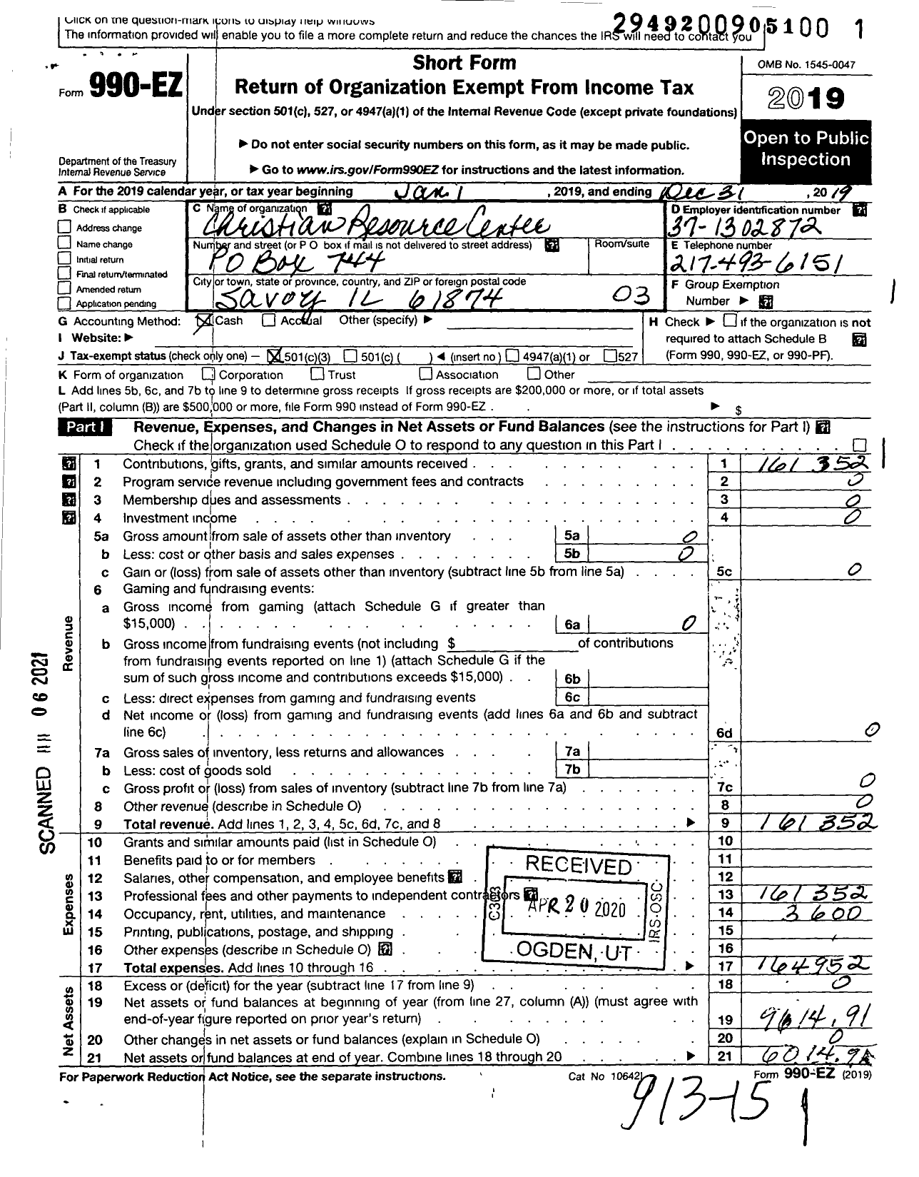 Image of first page of 2019 Form 990EZ for Christian Family Resource Center