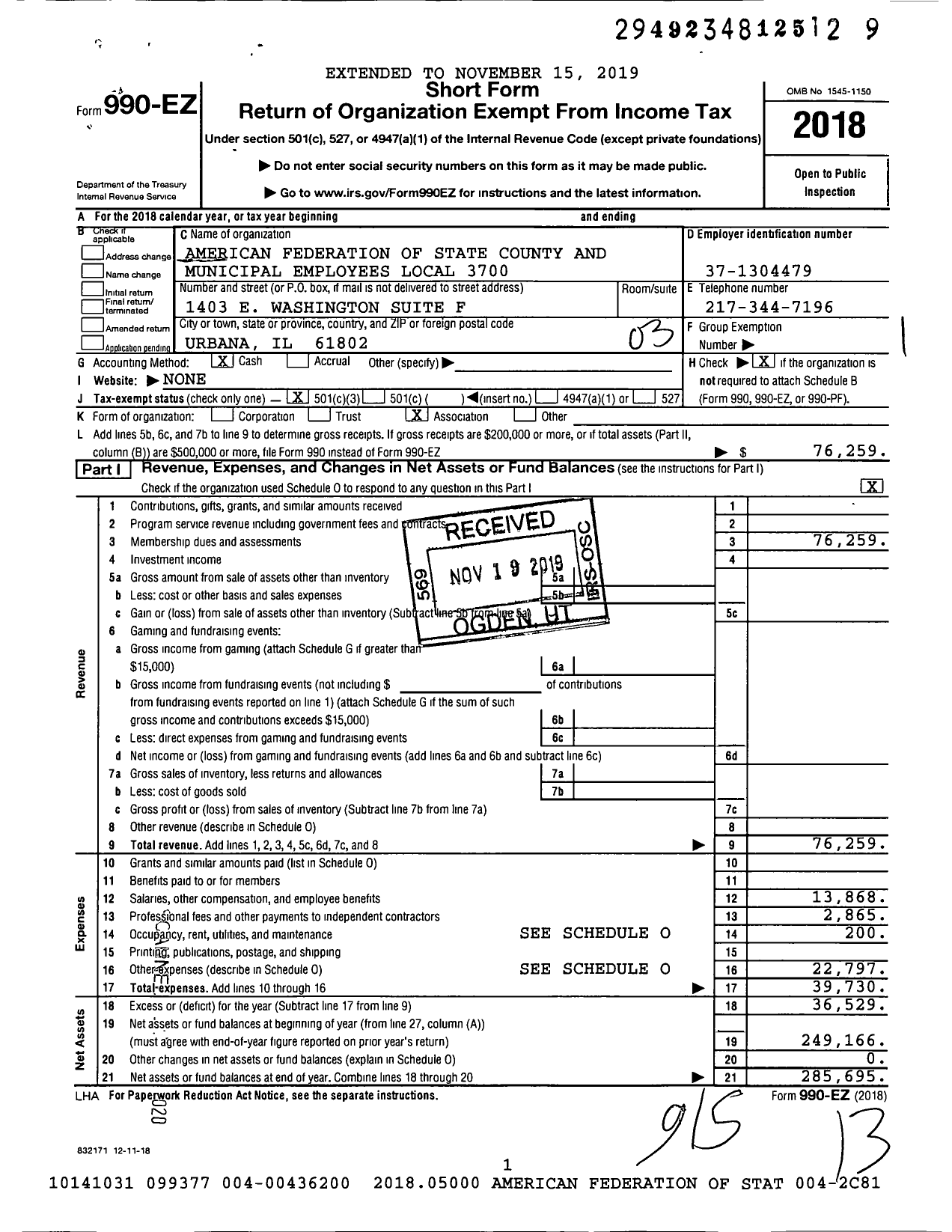 Image of first page of 2018 Form 990EZ for American Federation of State County & Municipal Employees - L3700il Univ Il Clerical Admin Emps