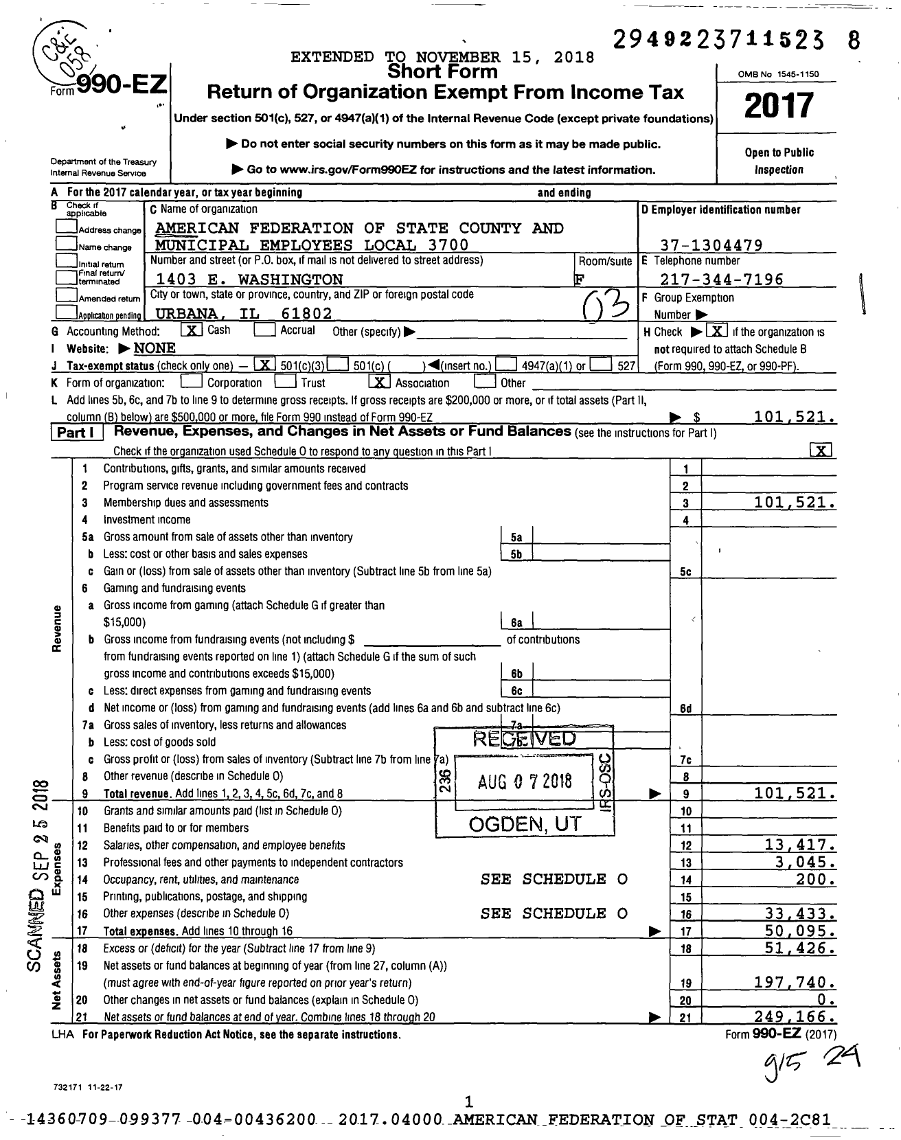 Image of first page of 2017 Form 990EZ for American Federation of State County & Municipal Employees - L3700il Univ Il Clerical Admin Emps