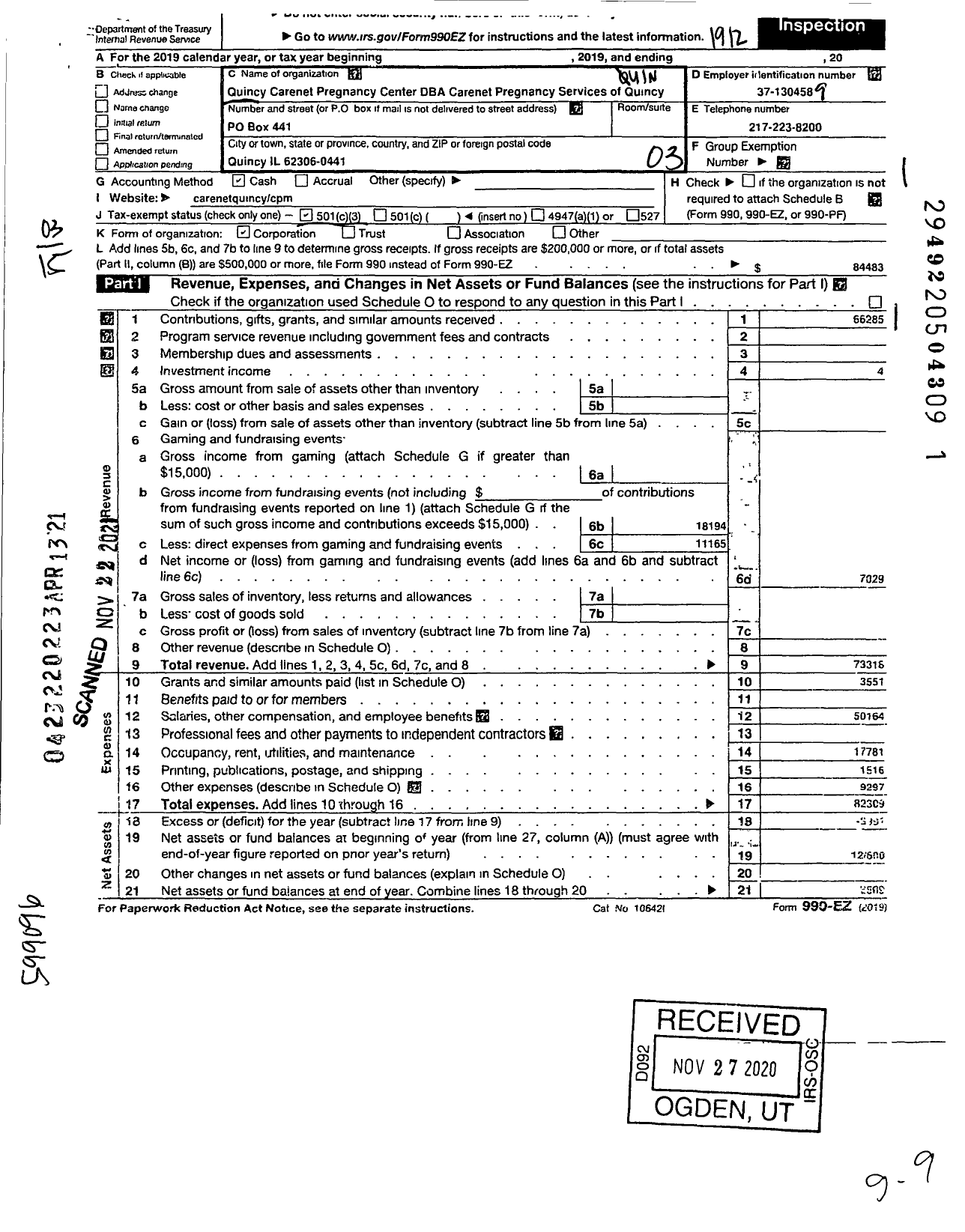 Image of first page of 2019 Form 990EZ for Quincy CRISIS Pregnancy CENTER