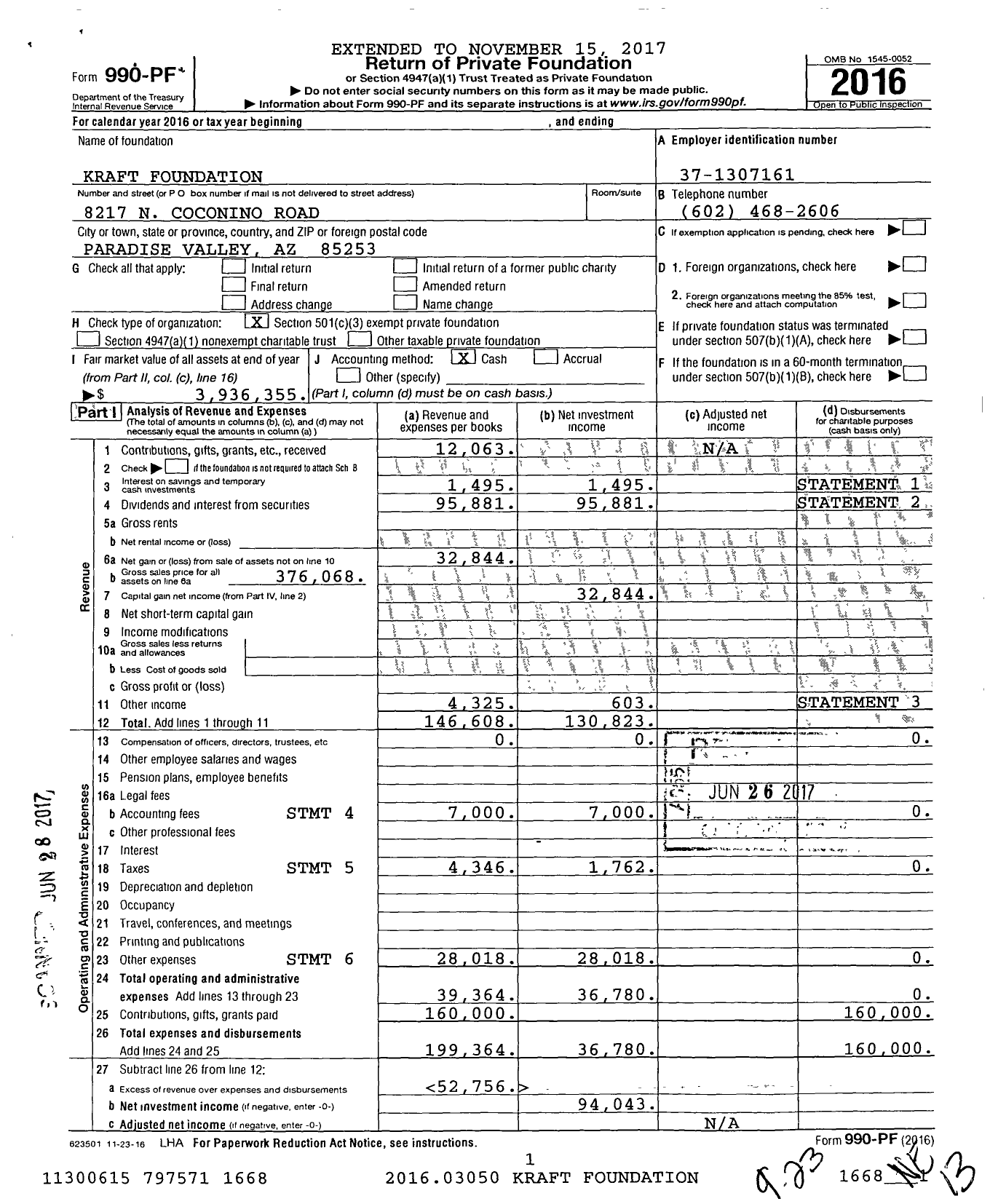 Image of first page of 2016 Form 990PF for Kraft Foundation