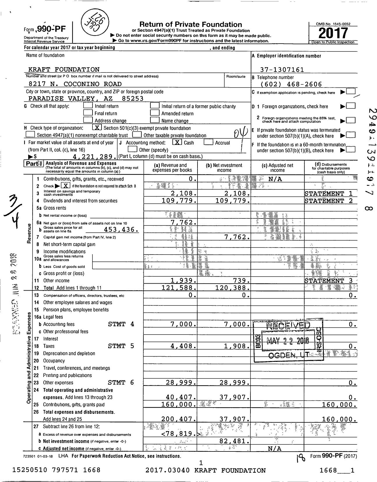 Image of first page of 2017 Form 990PF for Kraft Foundation