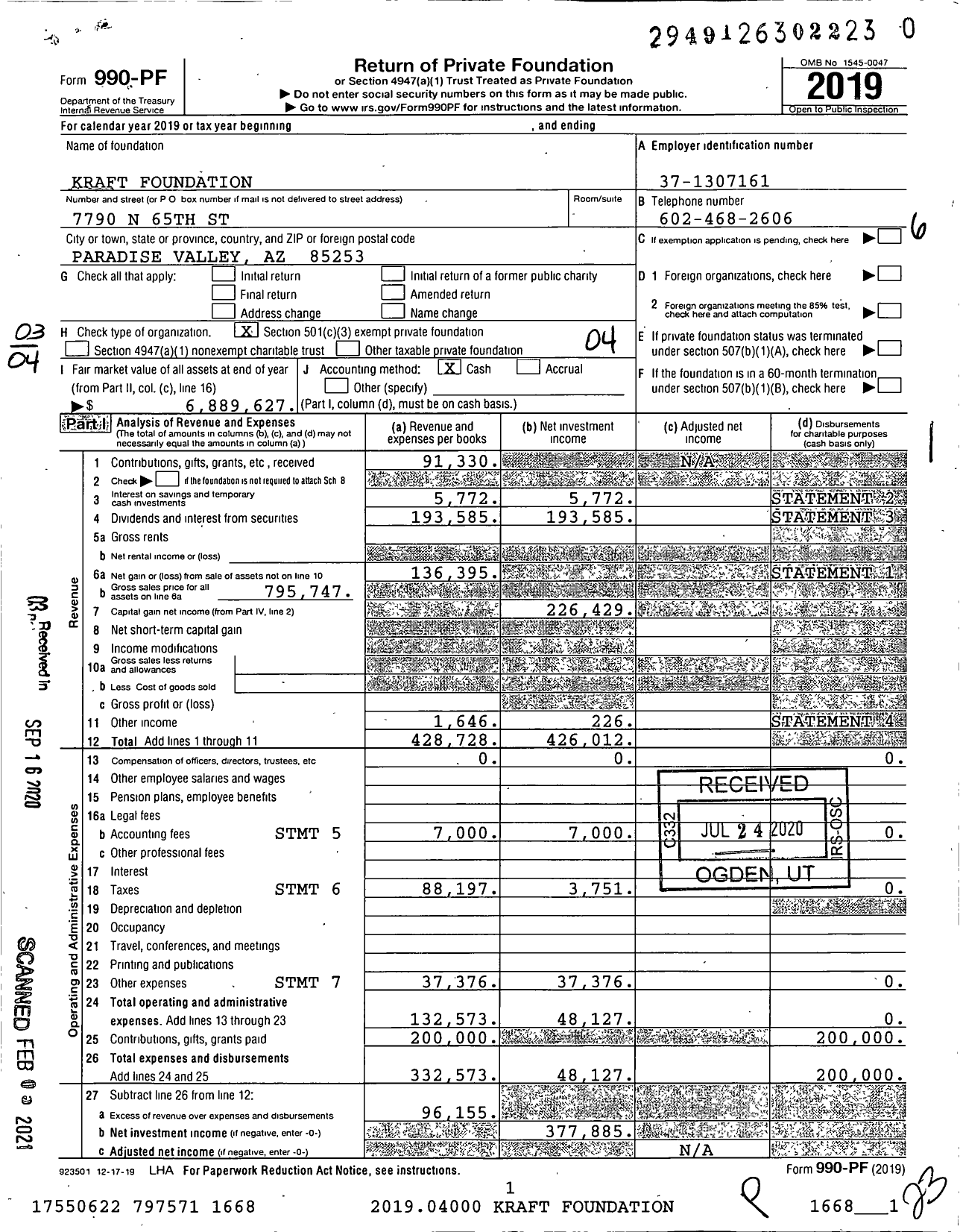 Image of first page of 2019 Form 990PF for Kraft Foundation