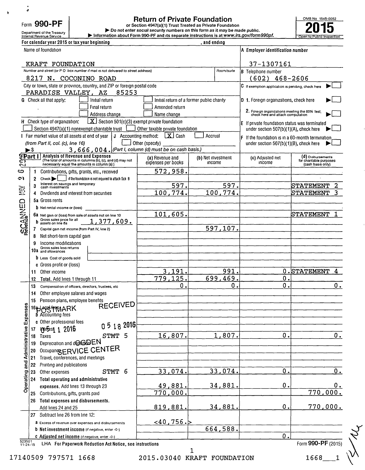 Image of first page of 2015 Form 990PF for Kraft Foundation