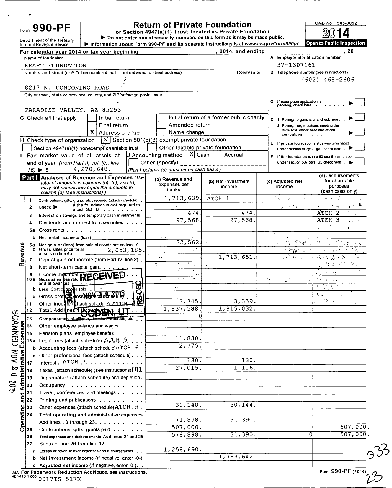 Image of first page of 2014 Form 990PF for Kraft Foundation