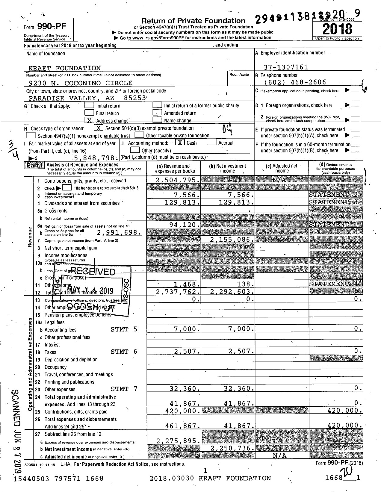 Image of first page of 2018 Form 990PF for Kraft Foundation