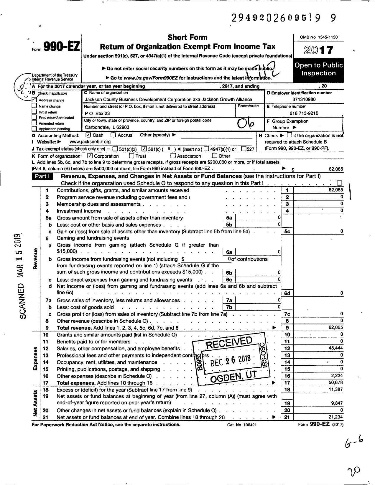 Image of first page of 2017 Form 990EO for Jackson Growth Alliance