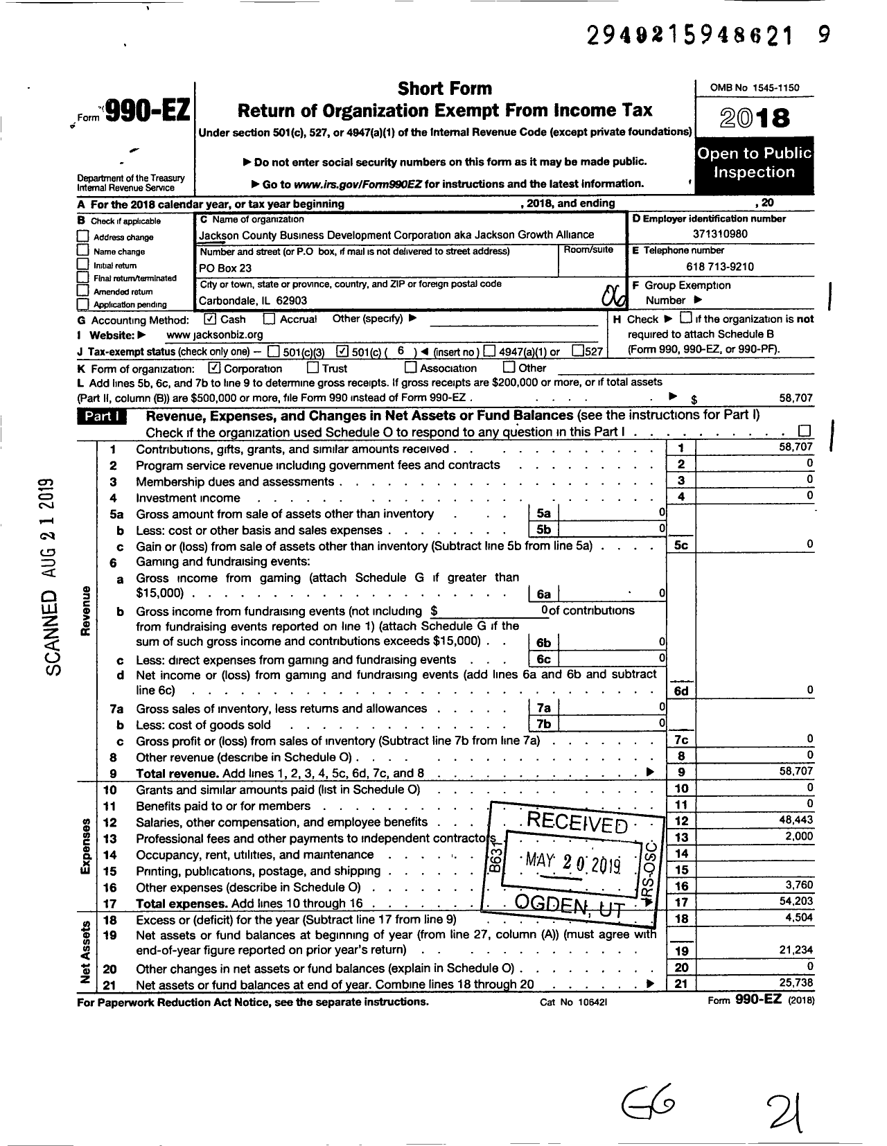 Image of first page of 2018 Form 990EO for Jackson Growth Alliance