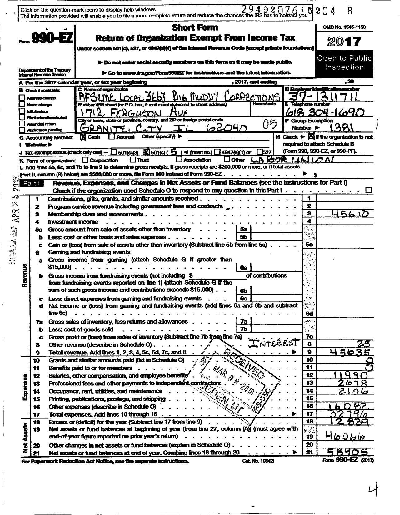 Image of first page of 2017 Form 990EO for American Federation of State County & Municipal Employees - L3663il Big Muddy Correct Ctr Empls