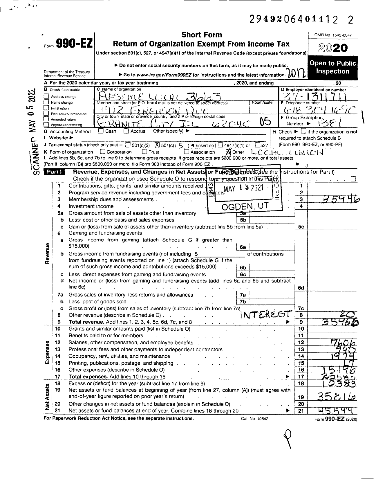 Image of first page of 2020 Form 990EO for American Federation of State County & Municipal Employees - L3663il Big Muddy Correct Ctr Empls