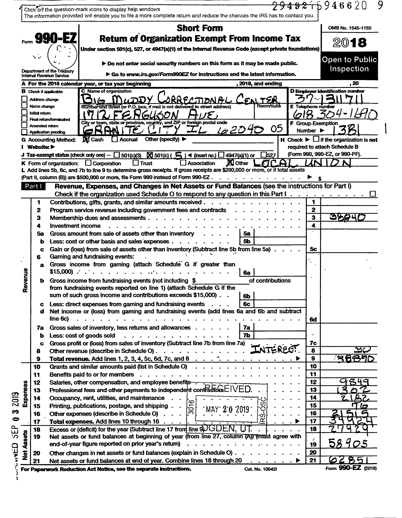 Image of first page of 2018 Form 990EO for American Federation of State County & Municipal Employees - L3663il Big Muddy Correct Ctr Empls