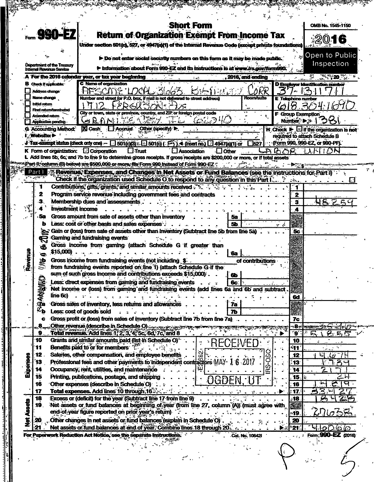 Image of first page of 2016 Form 990EO for American Federation of State County & Municipal Employees - L3663il Big Muddy Correct Ctr Empls