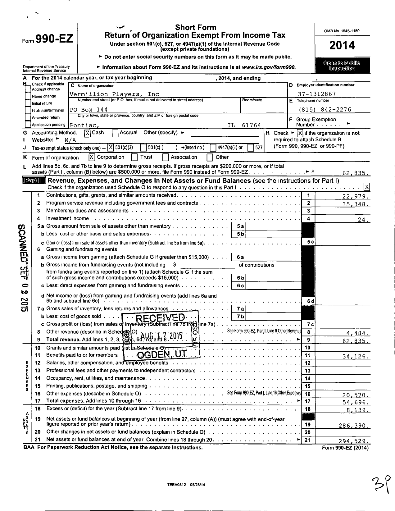 Image of first page of 2014 Form 990EZ for Vermillion Players