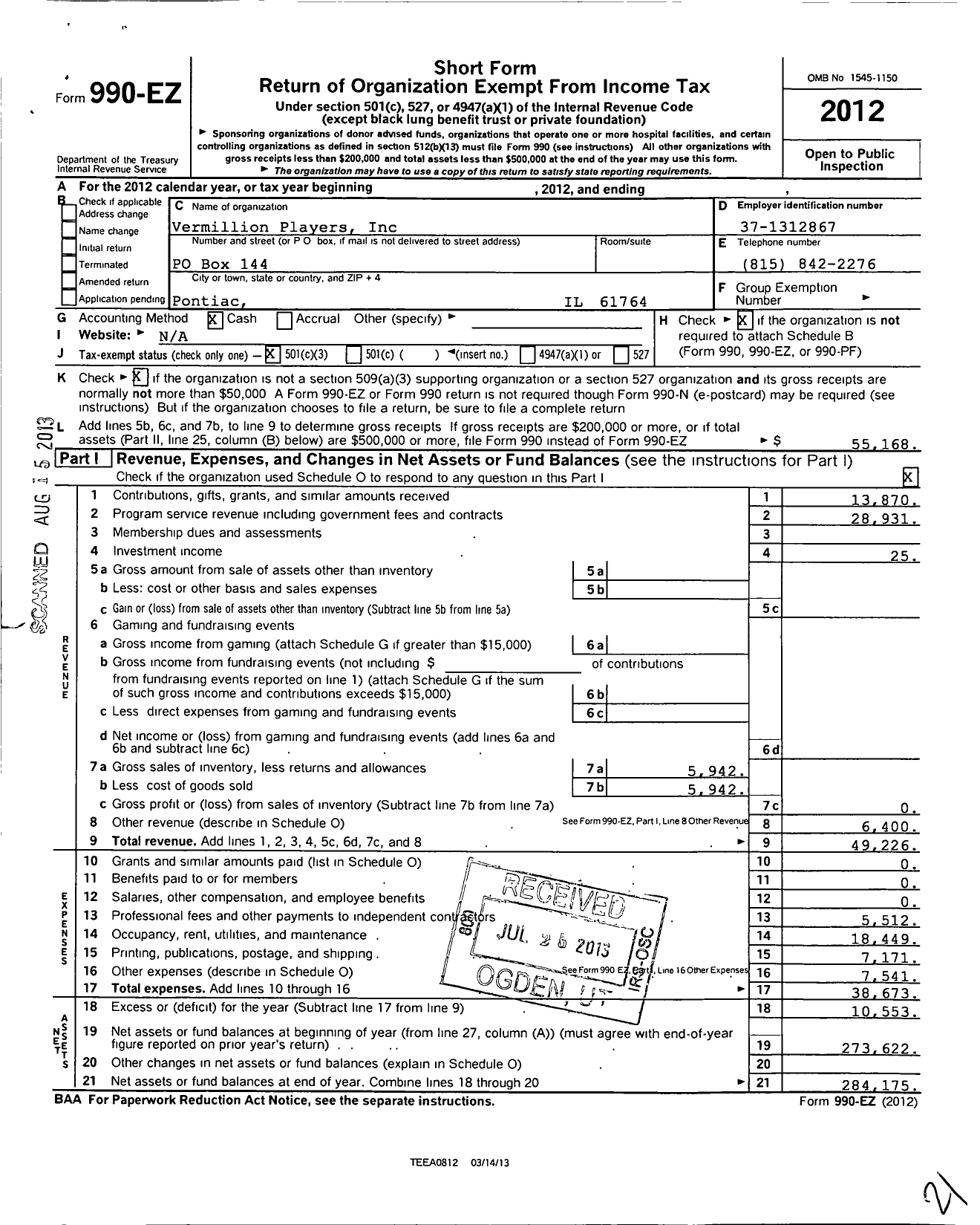 Image of first page of 2012 Form 990EZ for Vermillion Players