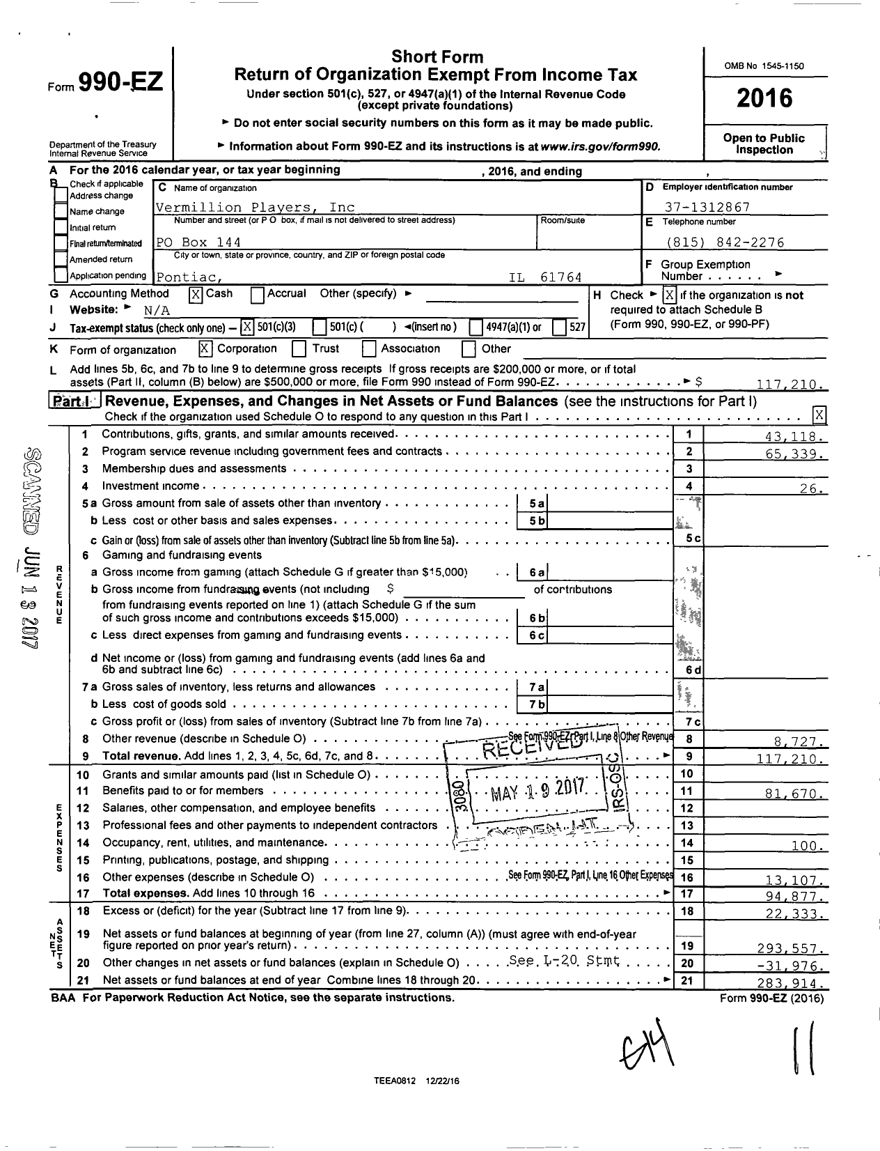 Image of first page of 2016 Form 990EZ for Vermillion Players