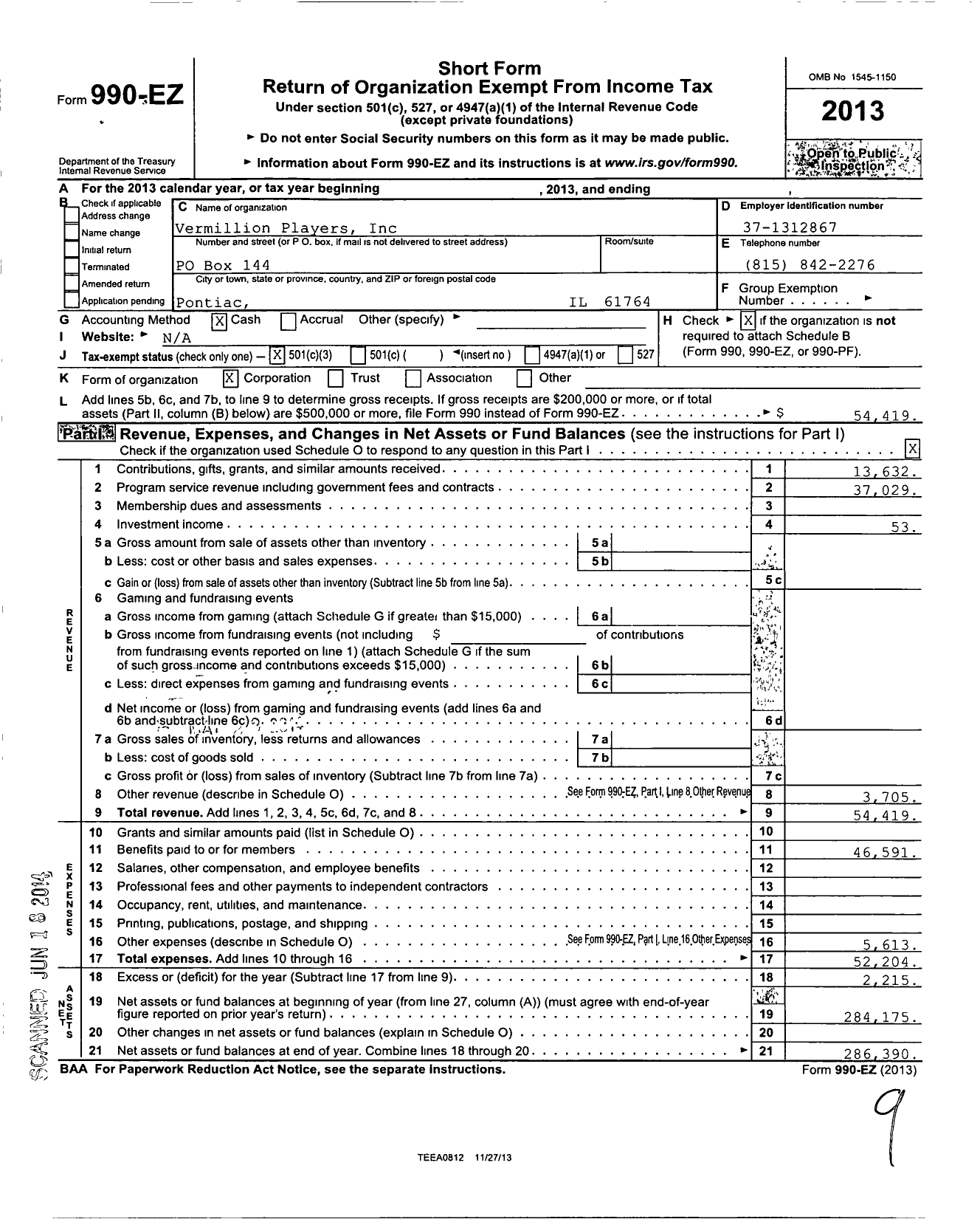 Image of first page of 2013 Form 990EZ for Vermillion Players