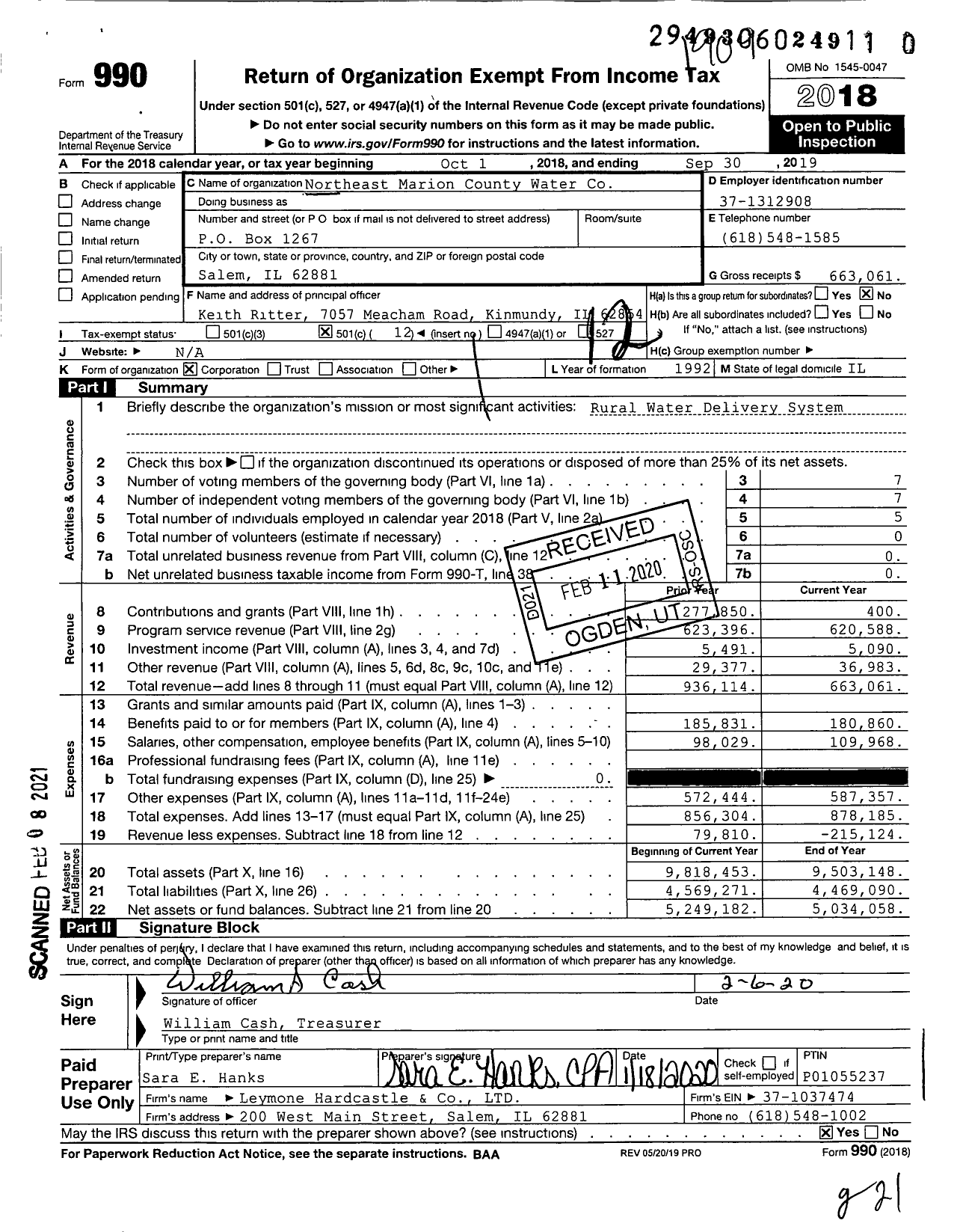 Image of first page of 2018 Form 990O for Northeast Marion County Water Co