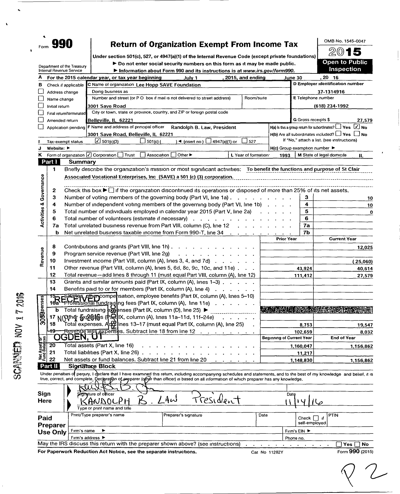 Image of first page of 2015 Form 990 for Lee Hopp Save Foundation