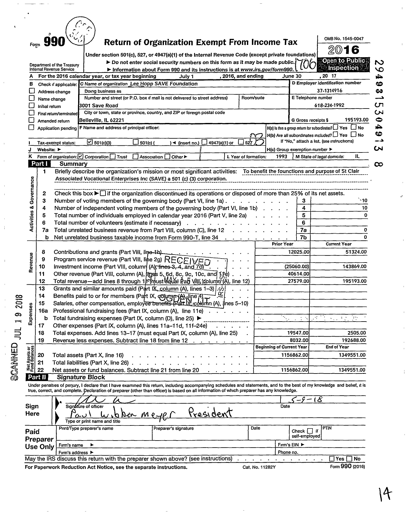 Image of first page of 2016 Form 990 for Lee Hopp Save Foundation