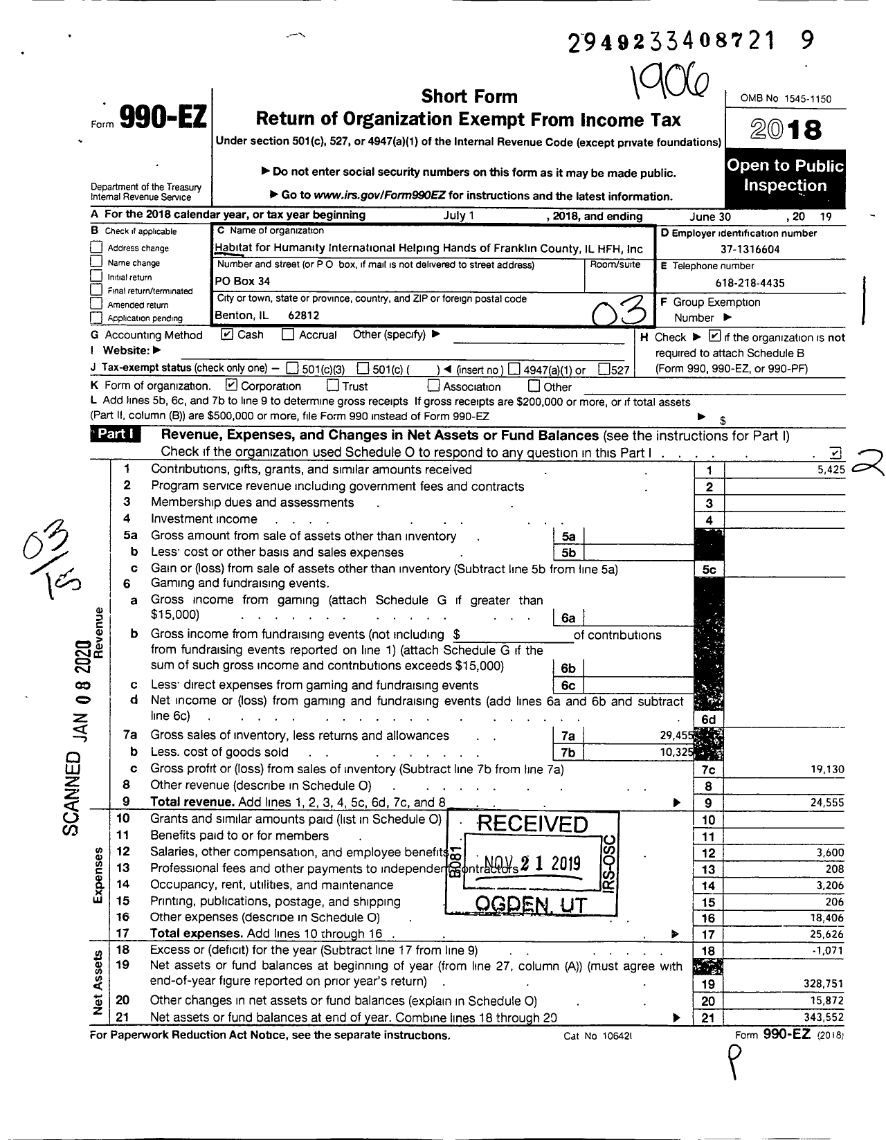 Image of first page of 2018 Form 990EZ for Habitat for Humanity - Helping Hands of Franklin Co Il HFH