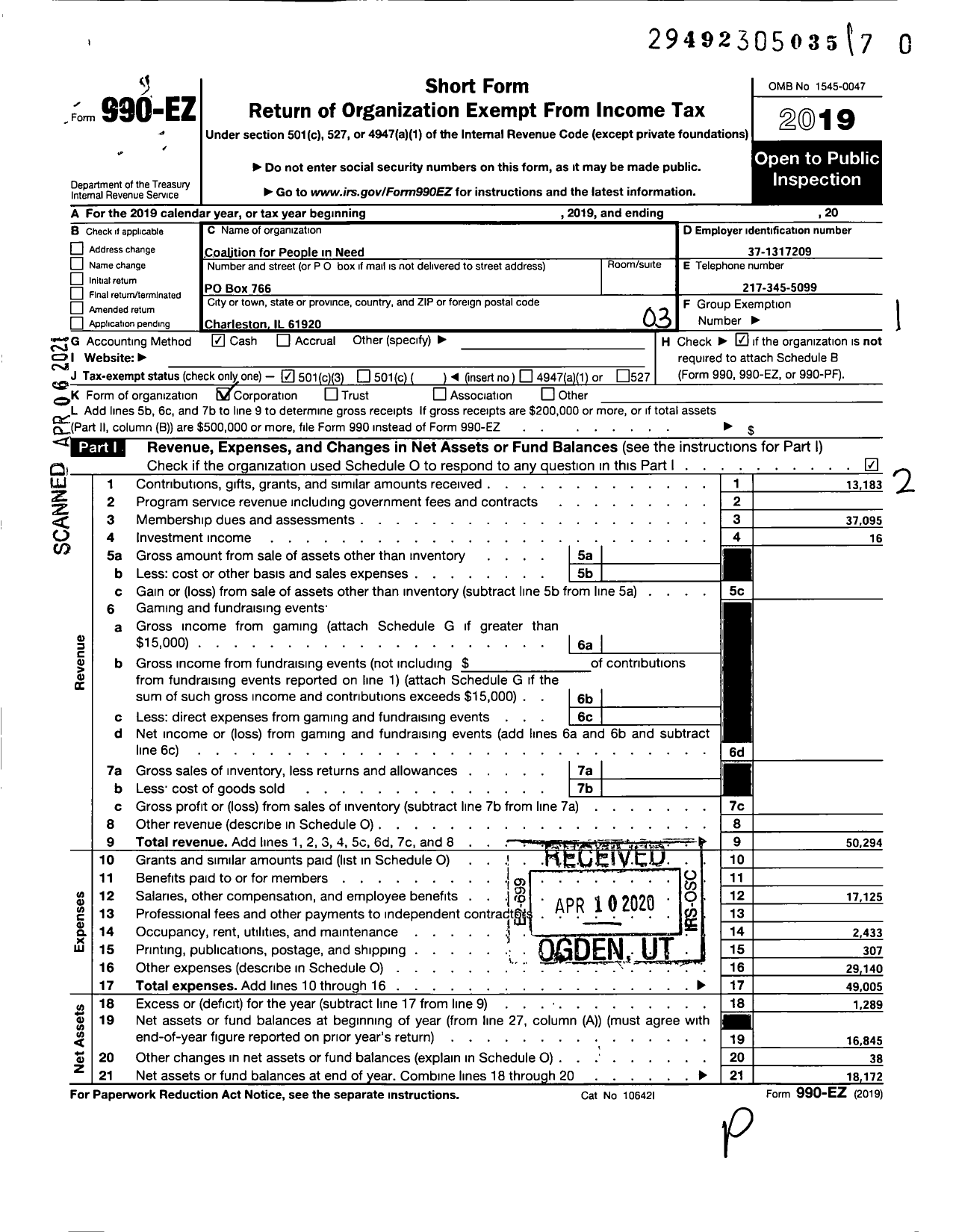 Image of first page of 2019 Form 990EZ for Coalition for People in Need