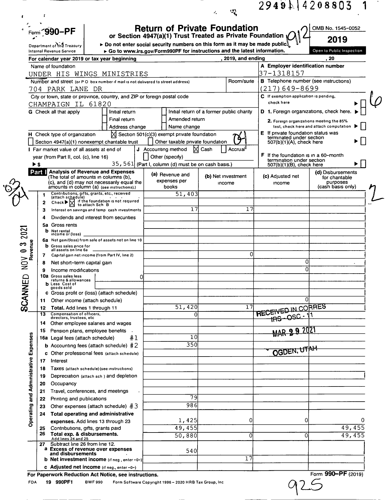 Image of first page of 2019 Form 990PF for Under His Wings Ministries